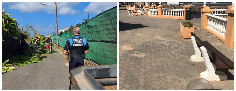 Imágenes de los bomberos retirando la cerca y de la farola caída en el paseo de Taliarte/TA.